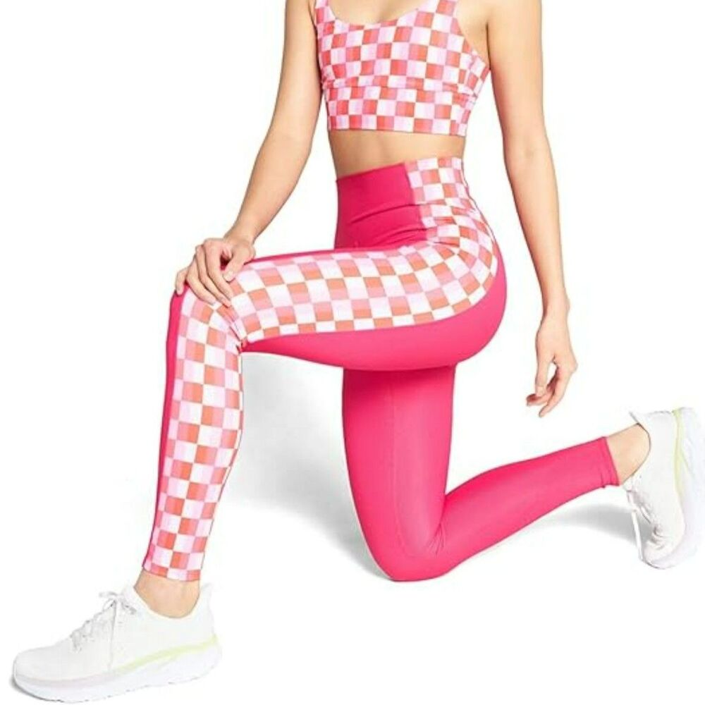 Beach Riot Megan Legging Pink Ribbed & Checker Print High Rise Sz Small Workout